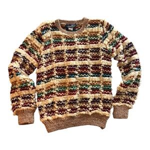 Vintage Women’s Textured Knit Sweater in Cream and Brown